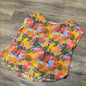 C&C California Linen Leaf Print Short Sleeve Top Colorful Tropical Blouse Sz XL